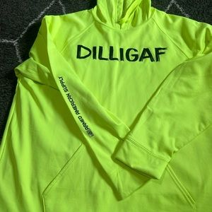yellow neon green hooded sweat shirt in good condition dilligaf on the front xxl